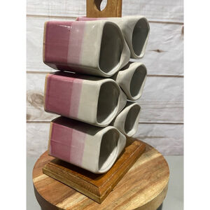 Pink and White Ceramic Mug Set with Stand
